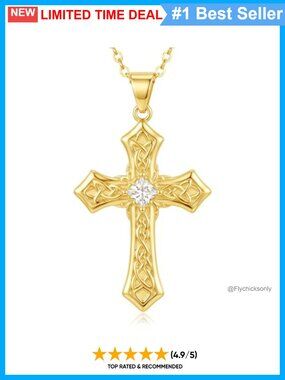 14K Gold Plated Celtic Cross Pendant Necklace Cubic Zirconia Christian Gift